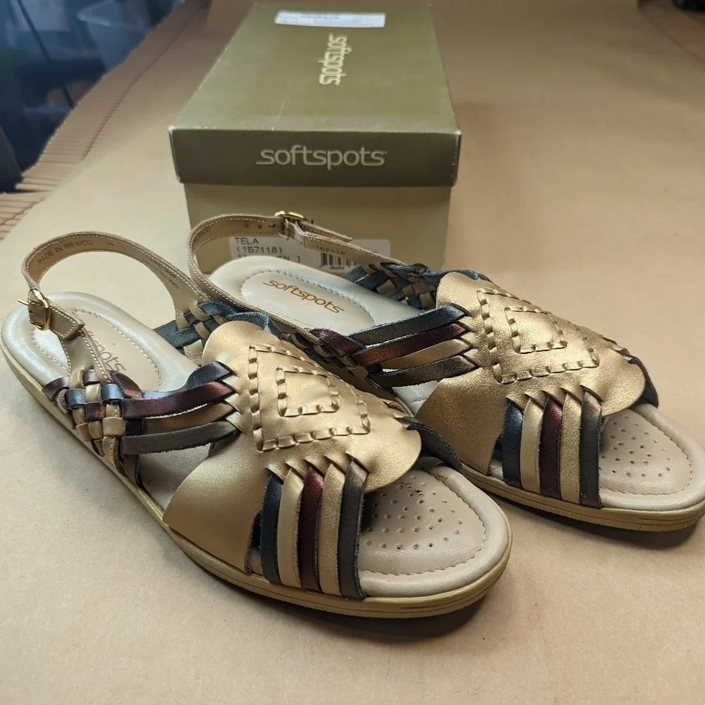 Softspots Women's Tela Brown /Gold leather Slingback Sandals Shoes 11 Narrow